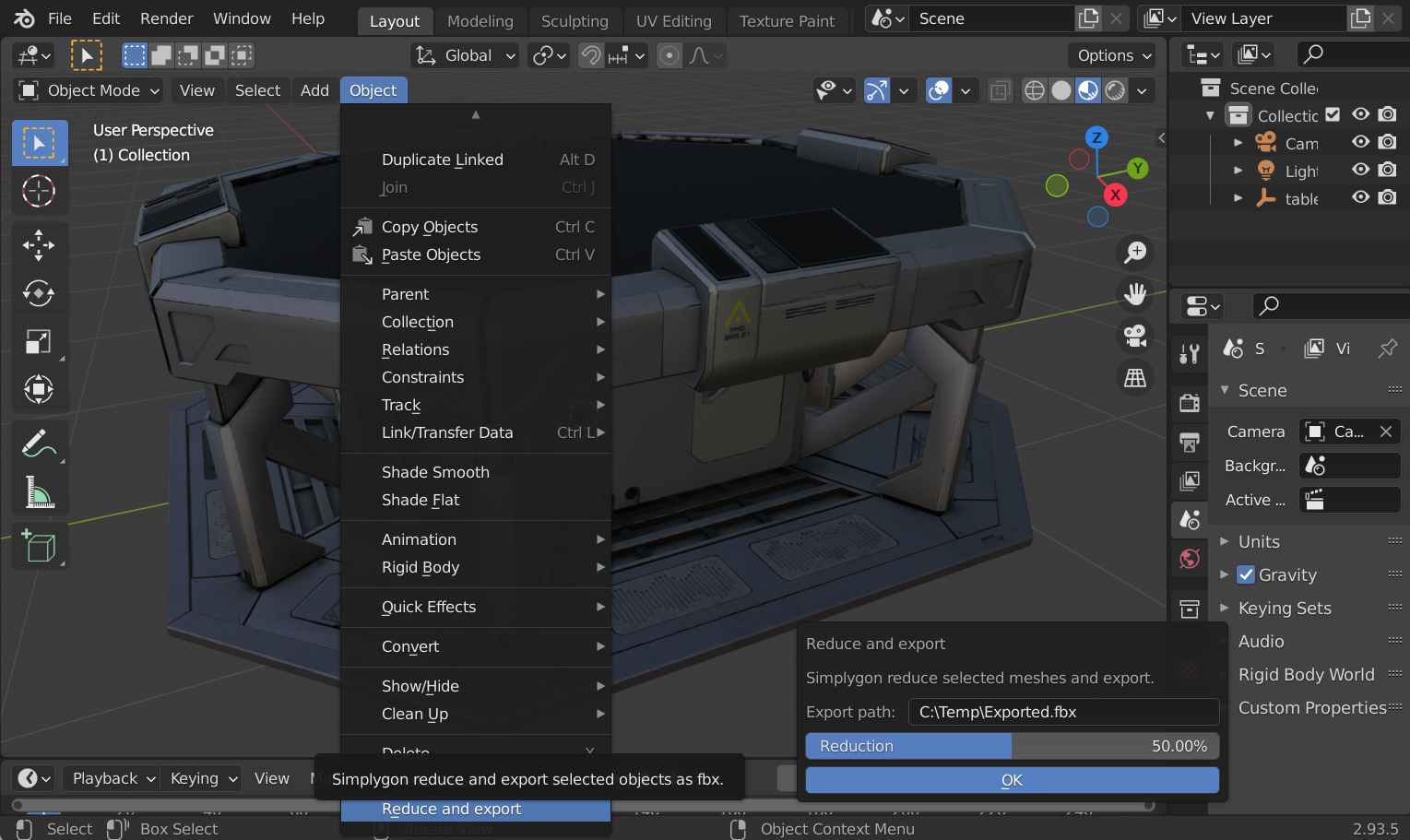 Blender with reduce and export UI